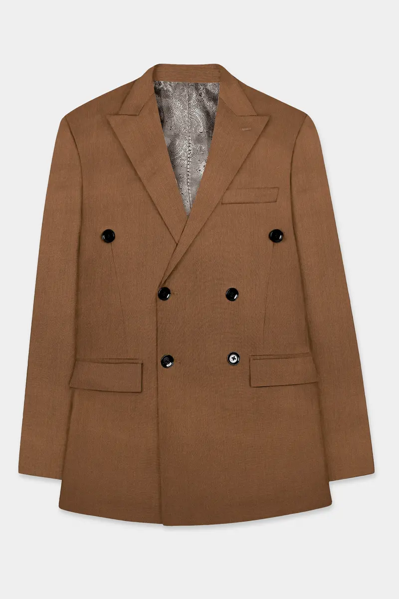 Bronze-Tawny Brown Solid Wool Rich Double Breasted Slight Stretch Blazer 7