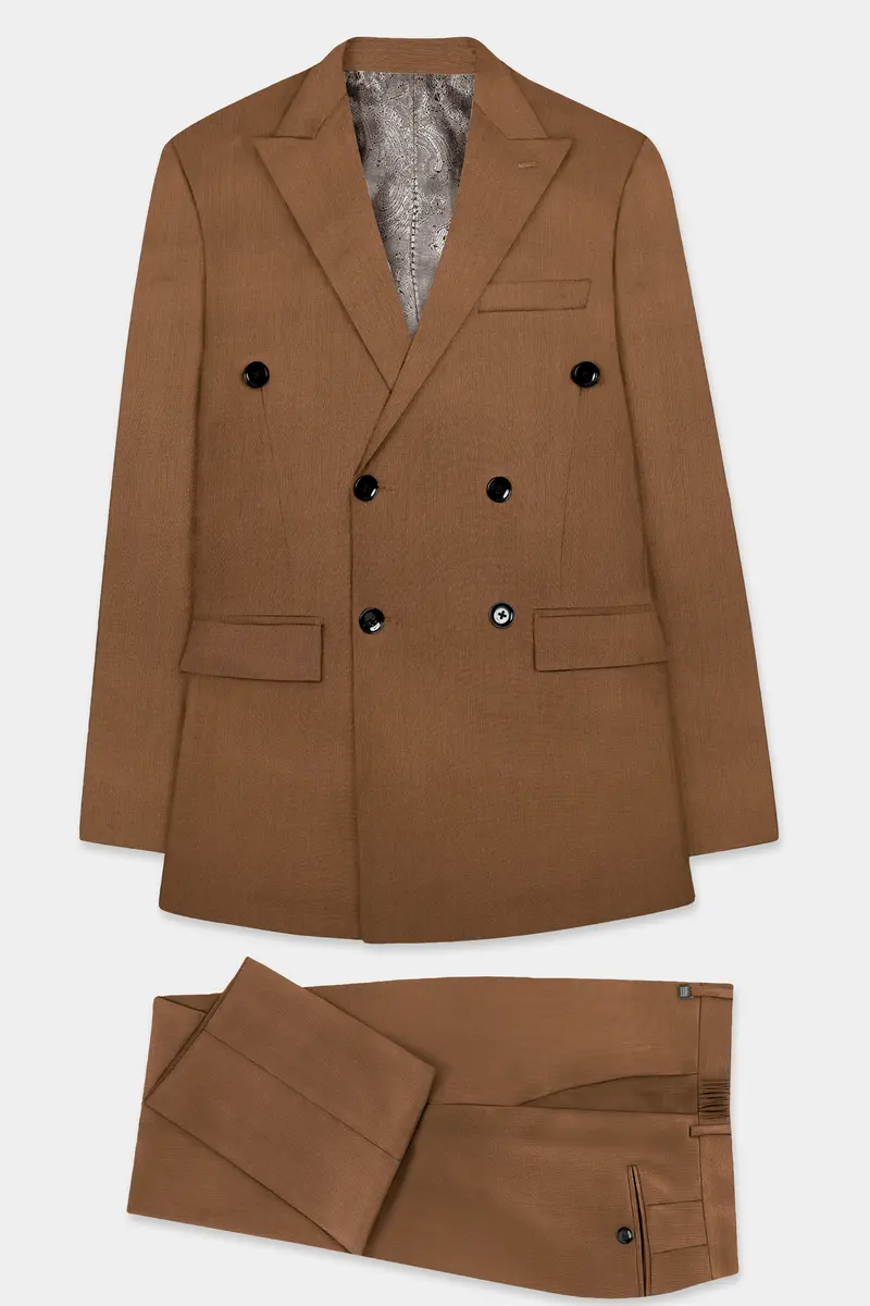 Bronze-Tawny Brown Solid Wool Rich Double Breasted Slight Stretch Suit 12