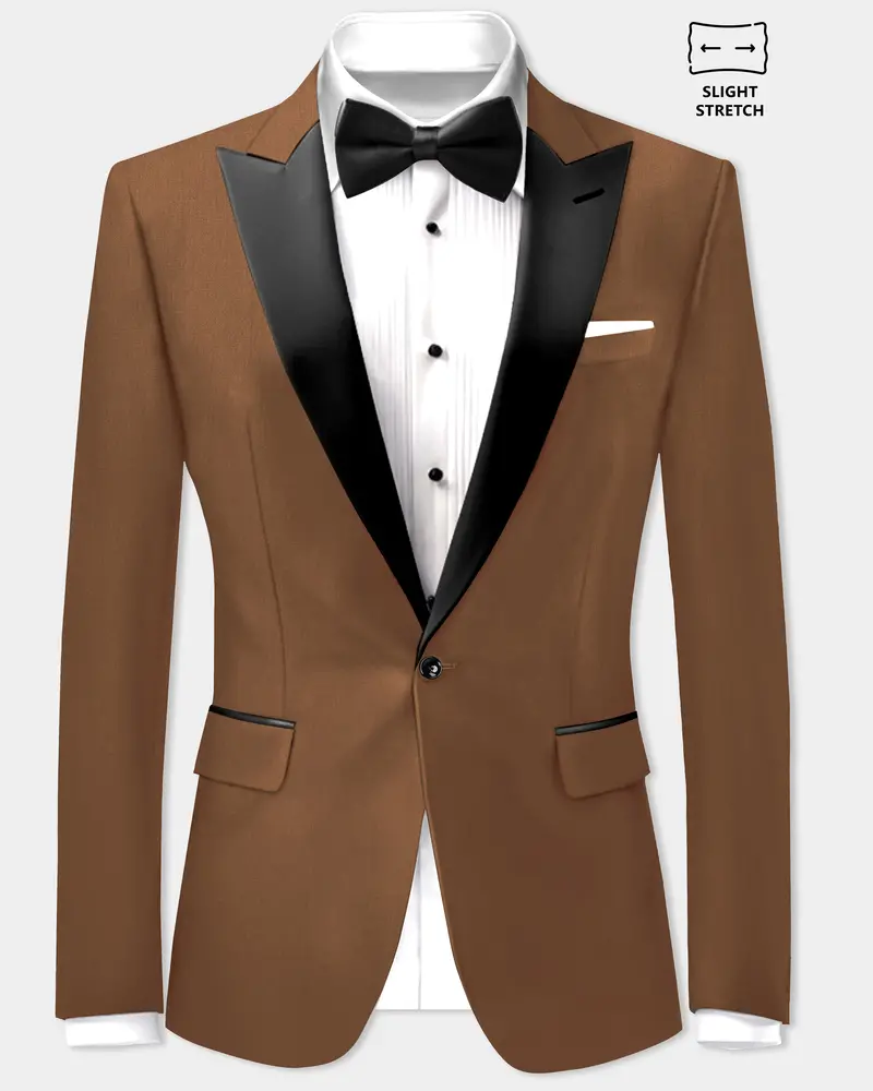 Bronze-Tawny Brown Solid Wool Rich Peak Lapel Tuxedo Slight Stretch Blazer 1
