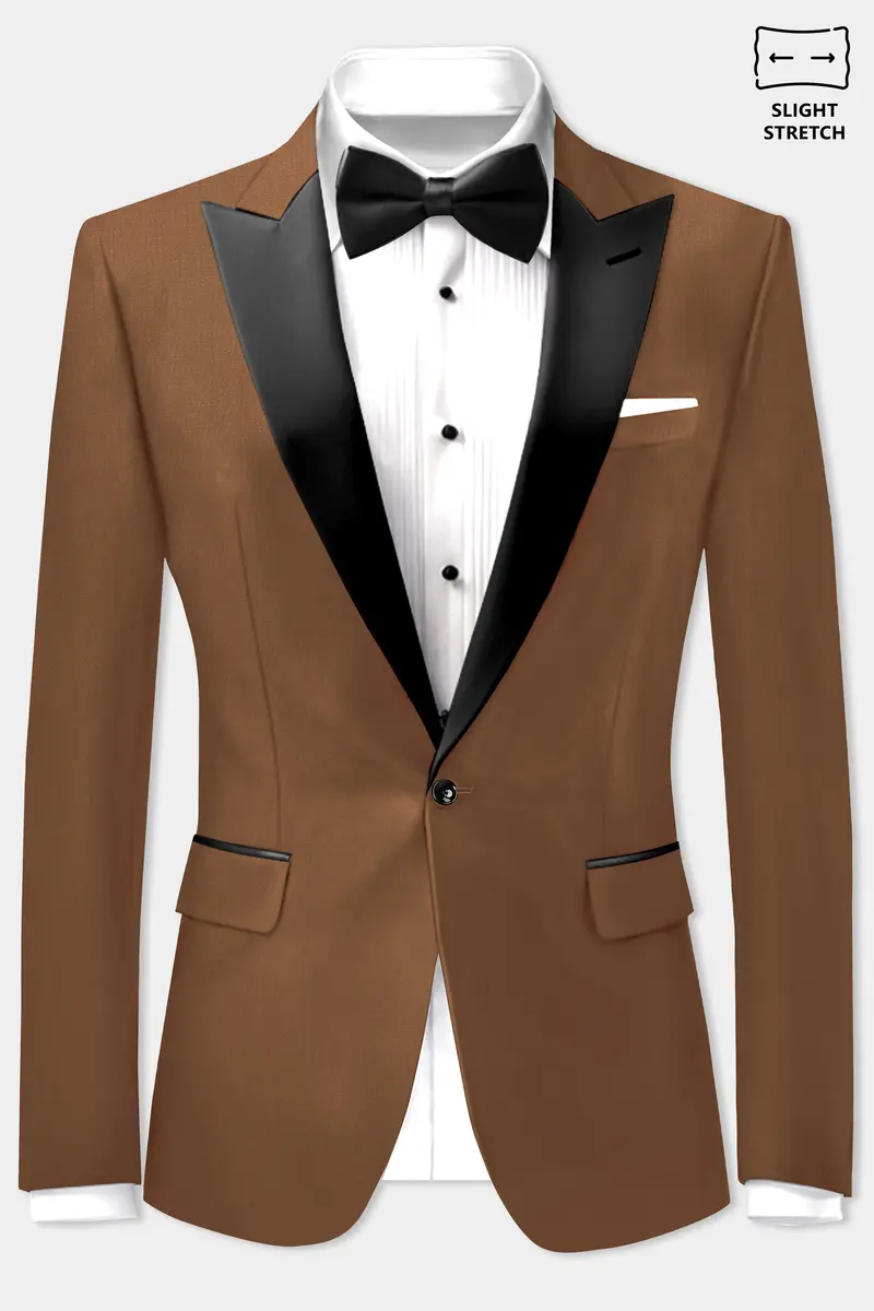 Bronze-Tawny Brown Solid Wool Rich Peak Lapel Tuxedo Slight Stretch Blazer 2