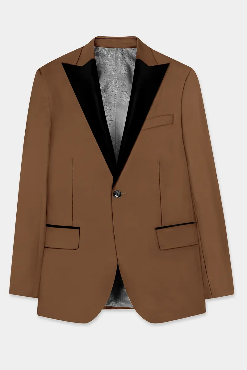 Bronze-Tawny Brown Solid Wool Rich Peak Lapel Tuxedo Slight Stretch Blazer 7