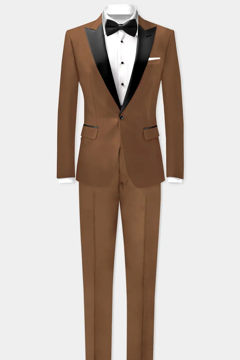 Bronze-Tawny Brown Solid Wool Rich Peak Lapel Tuxedo Slight Stretch Blazer 9
