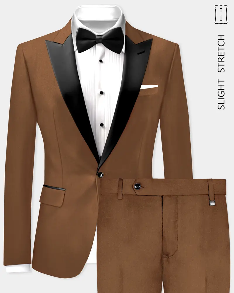 Bronze-Tawny Brown Solid Wool Rich Peak Lapel Tuxedo Slight Stretch Suit 1