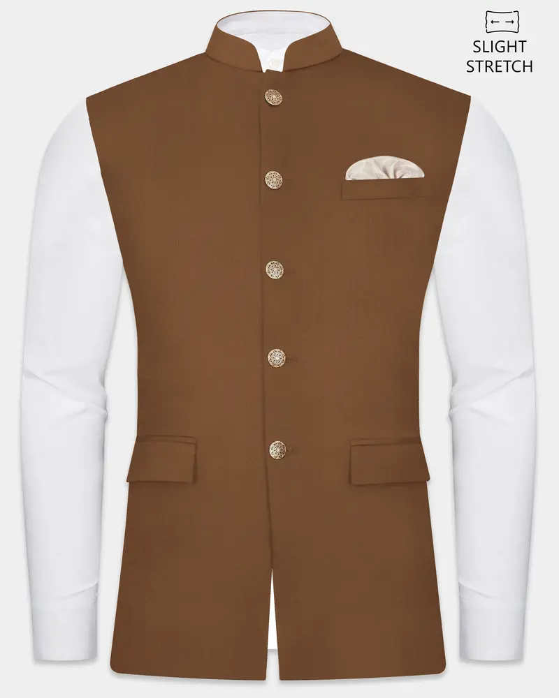 Bronze-Tawny Brown Solid Wool Rich Slight Stretch Nehru Jacket 1