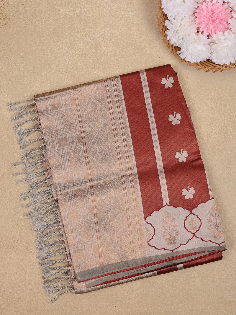 Bronze Woven Art Silk Saree With Geometric Zari Border 1