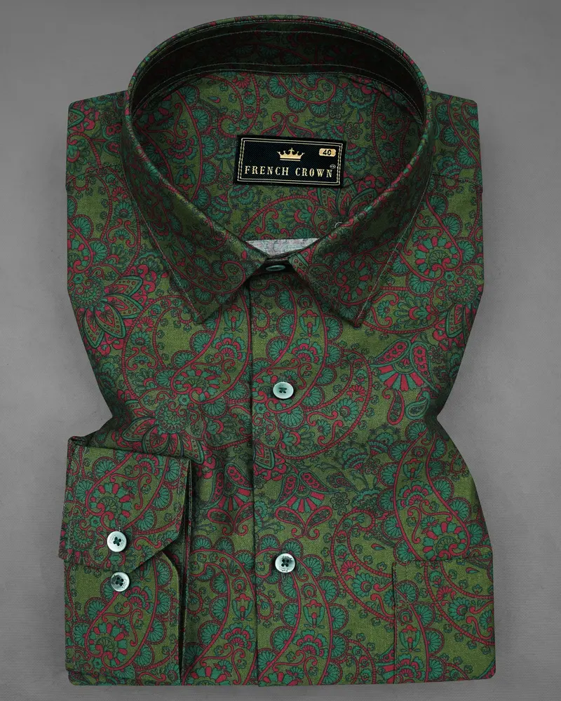 Bronzestone Green And Stiletto Red Paisley Printed Super Soft Premium Cotton Shirt 1