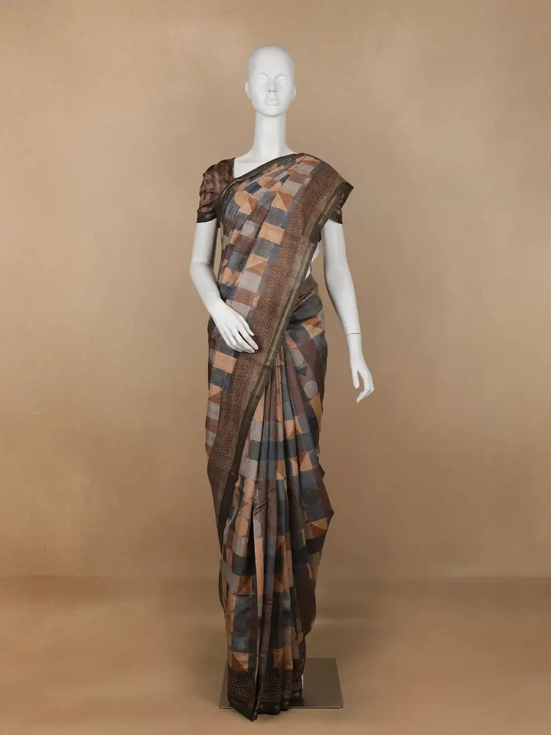 Brown Abstract Designed Semi Tussar Silk Saree 1