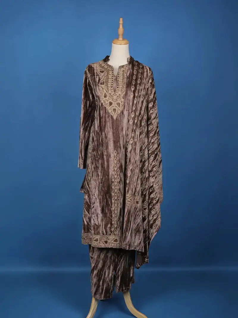 Brown Abstract Designed Velvet Salwar Suit 1