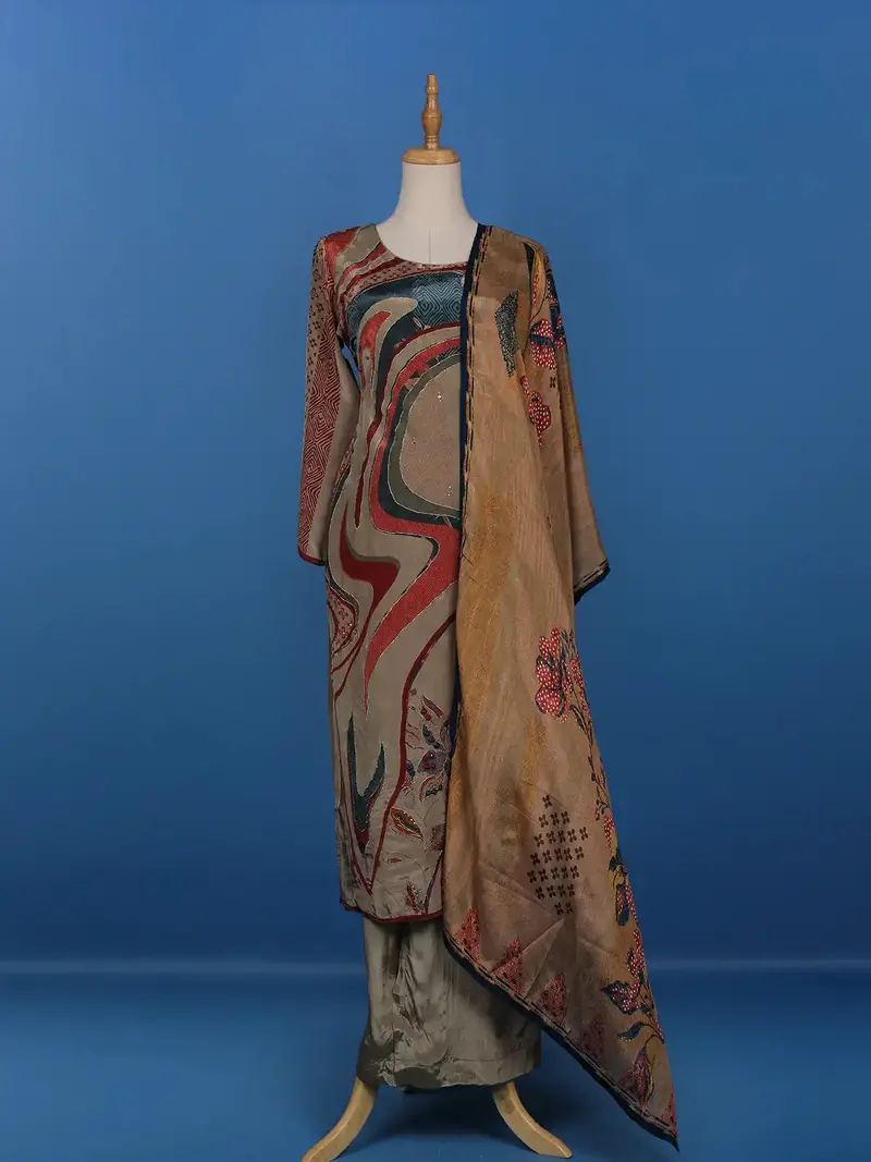 Brown Abstract Prints Crepe Straight Cut Salwar Suit 1