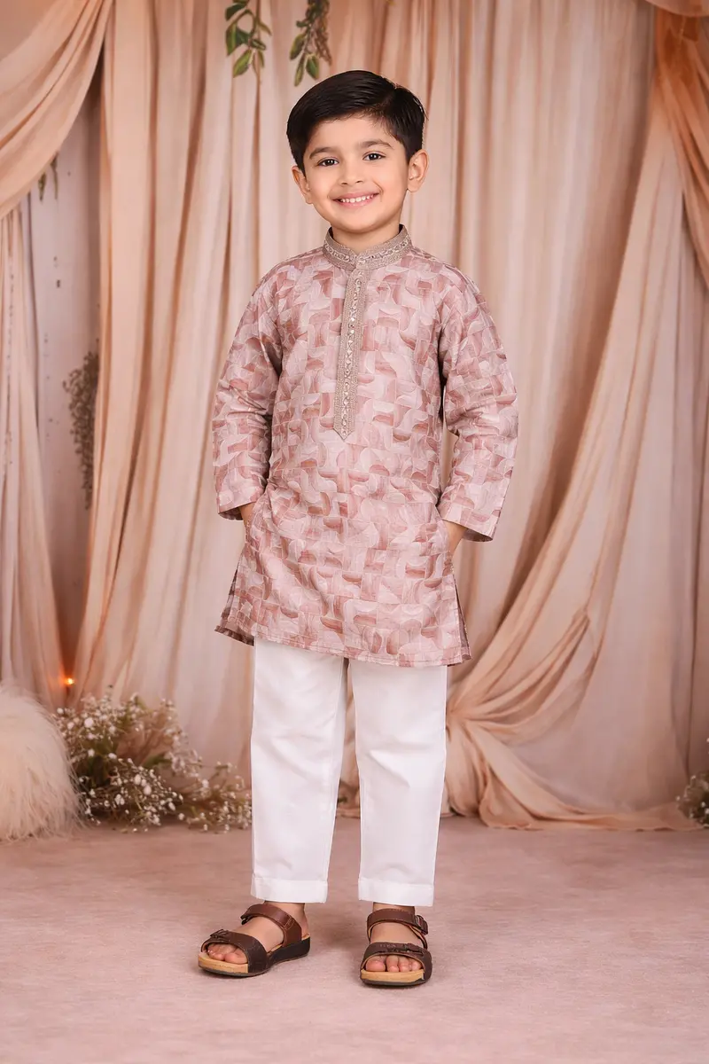 Brown Abstract Woven Design Cotton Kids Kurta Set 1