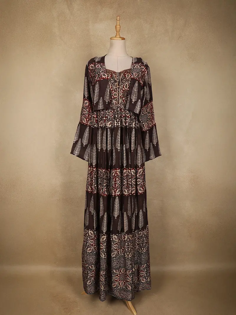 Brown Ajrakh Printed Design Crepe Indo Western Gown 1