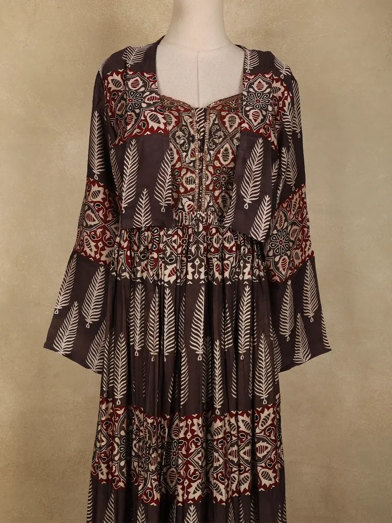 Brown Ajrakh Printed Design Crepe Indo Western Gown 2