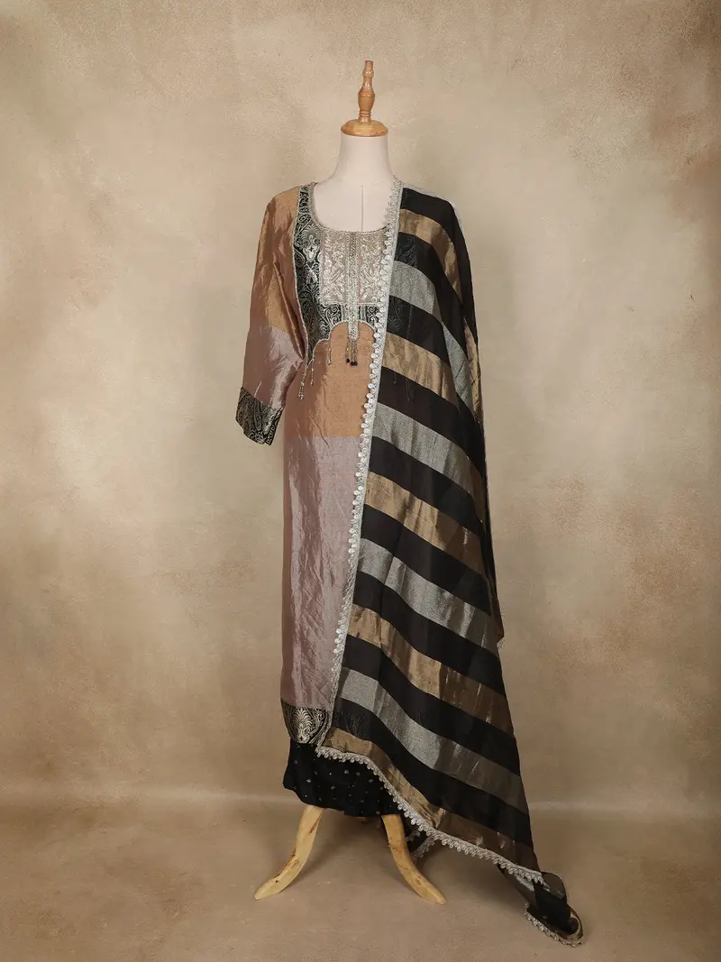 Brown And Black Floral Design Tissue Silk Salwar Suit With Striped Dupatta 1