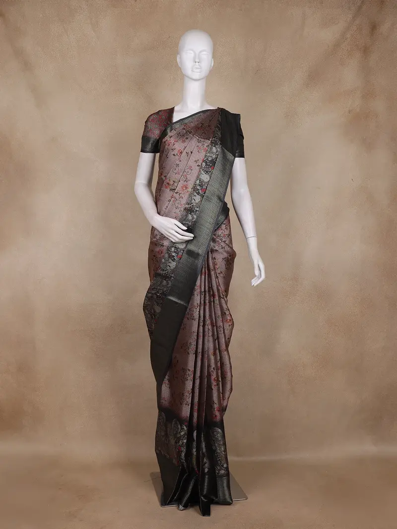Brown And Black Floral Woven Design Mixed Cotton Fancy Saree With Zari Border 1