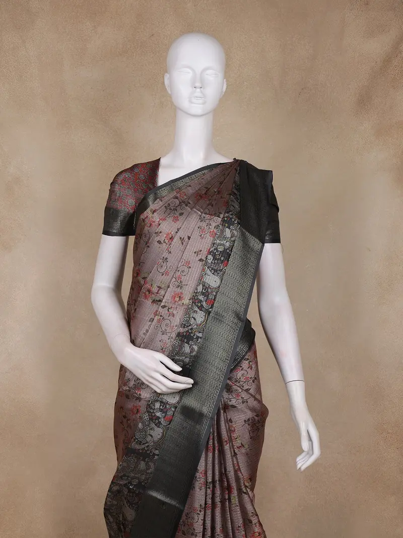 Brown And Black Floral Woven Design Mixed Cotton Fancy Saree With Zari Border 2