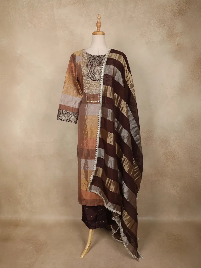 Brown And Gold Floral Embroidered Tissue Silk Salwar Suit With Striped Dupatta 1