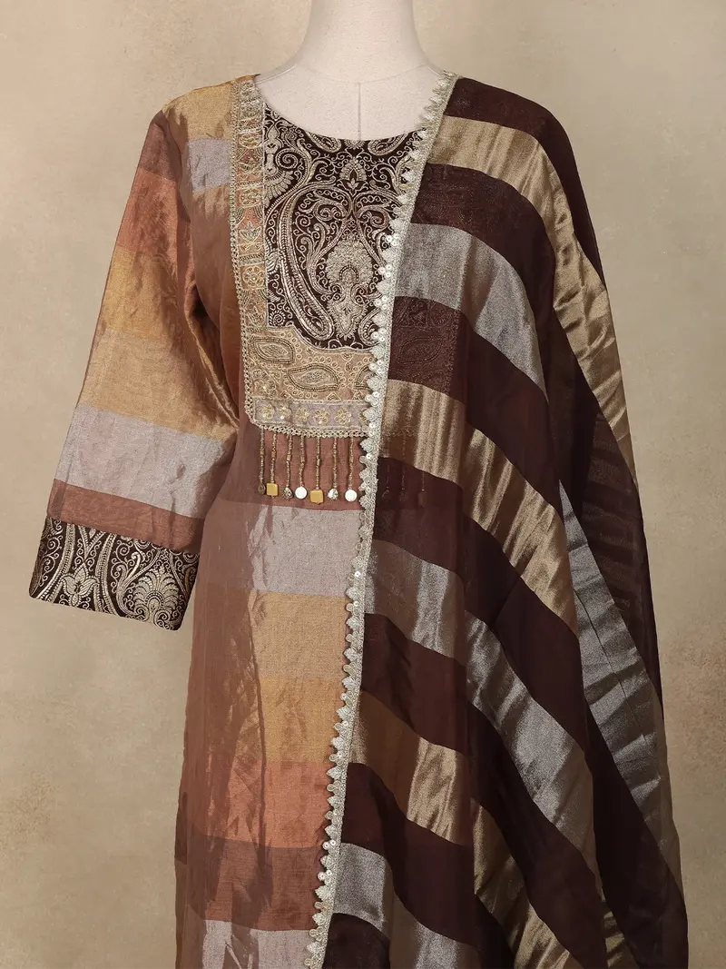 Brown And Gold Floral Embroidered Tissue Silk Salwar Suit With Striped Dupatta 2