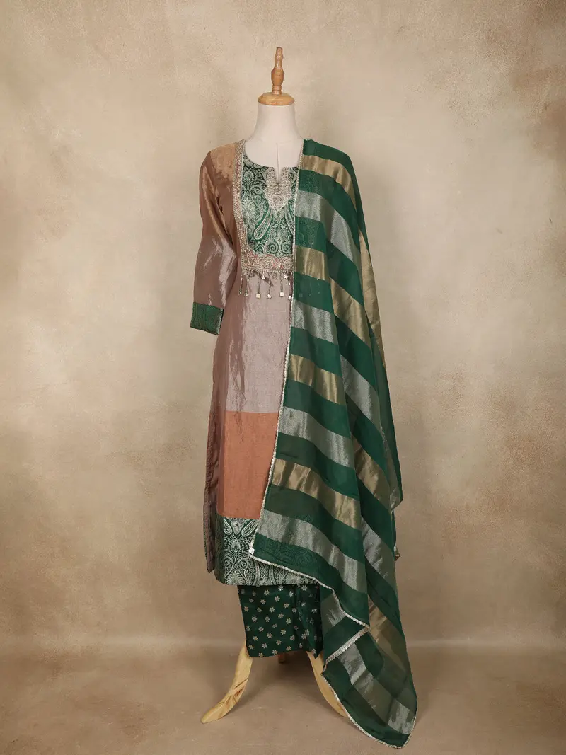 Brown And Green Floral Design Tissue Silk Salwar Suit With Striped Dupatta 1