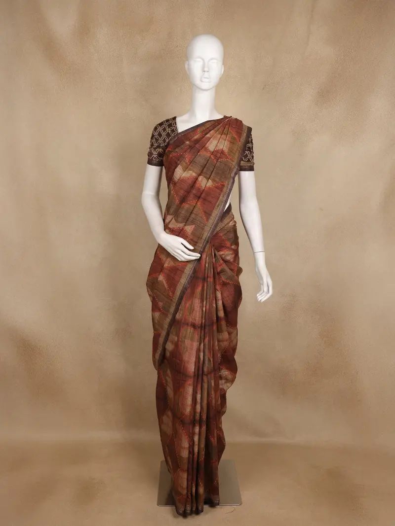 Brown And Maroon Geometric Printed Design Tussar Silk Saree 1
