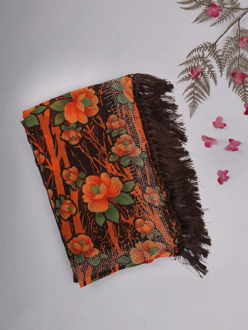 Brown And Orange Floral Printed Chiffon Saree With Stone Embellished Border 1