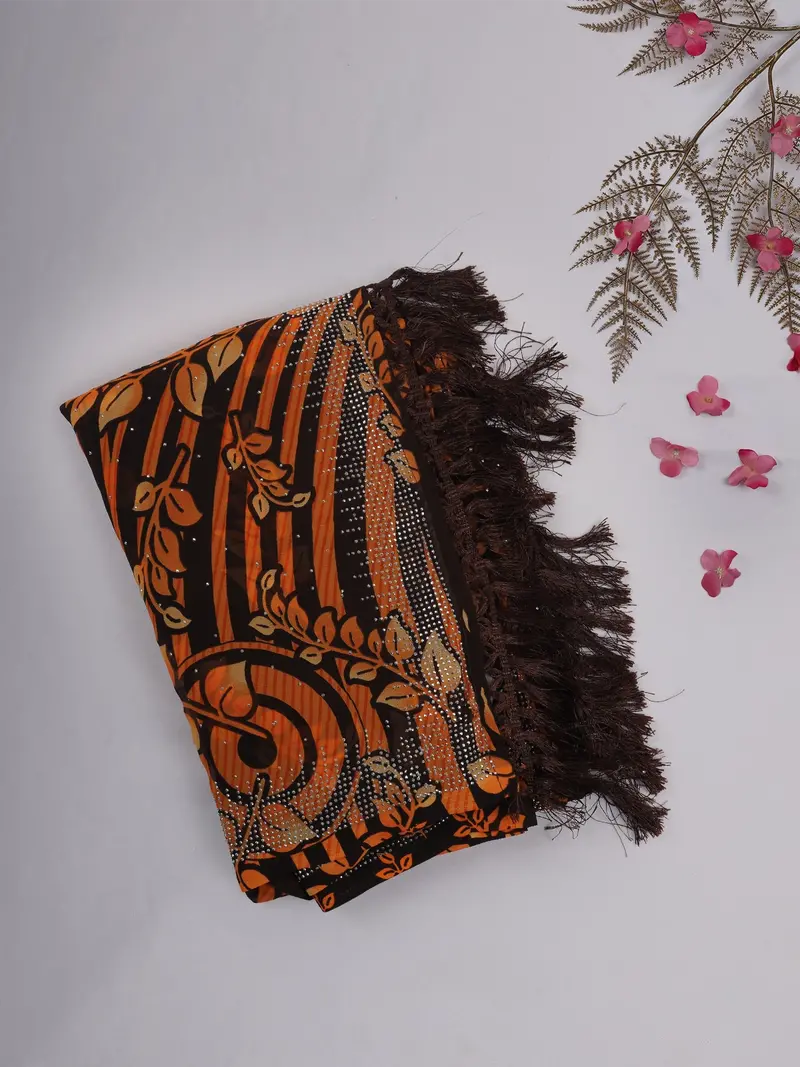 Brown And Orange Floral Printed Design Chiffon Saree With Stone Embellished Border 1