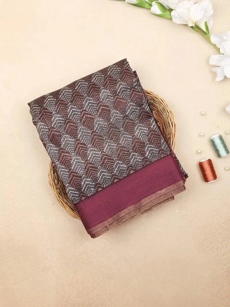 Brown Art Silk Saree With Chevron Design On The Body With Contrast Border 1
