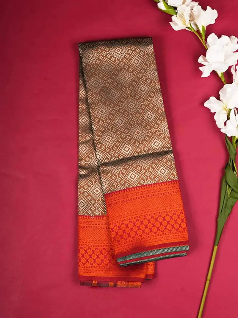 Brown Art Silk Saree With Geometric Design On The Body With Contrast Designed Border 1
