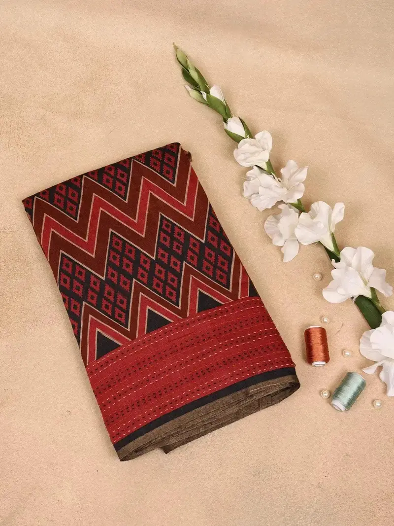 Brown Banarasi Saree With Chevron And Diamond Design On The Body With Matching Border 1