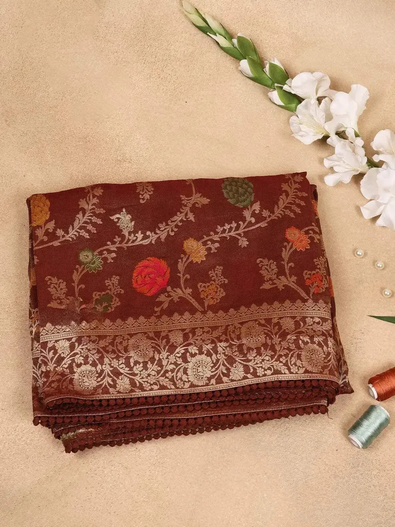 Brown Banarasi Saree With Floral Design On The Body With Zari Border 1
