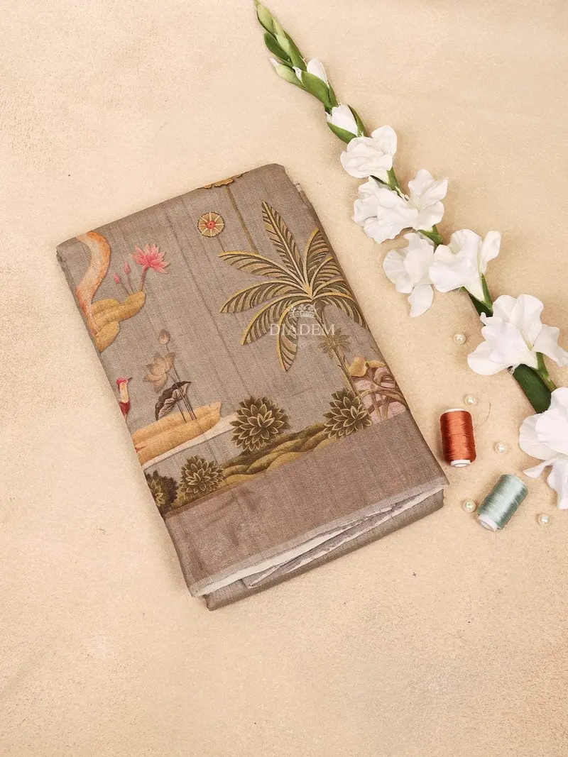 Brown Banarasi Saree With Palm Tree And Crane Design On The Body And Without Border 1
