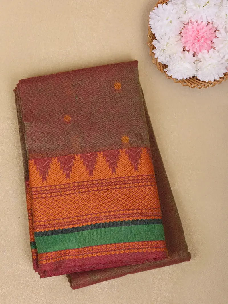 Brown Butta Design Cotton Saree With Contrast Border 1