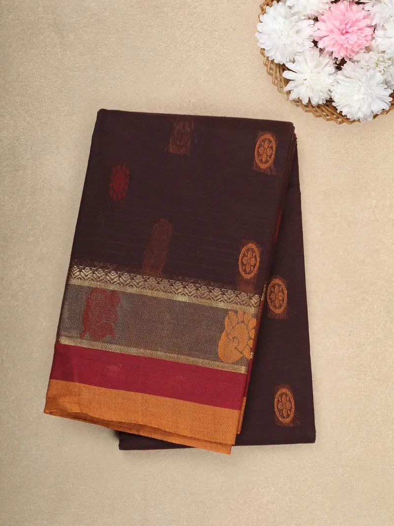 Brown Butta Design Cotton Saree With Contrast Red And Mustard Zari Border 1