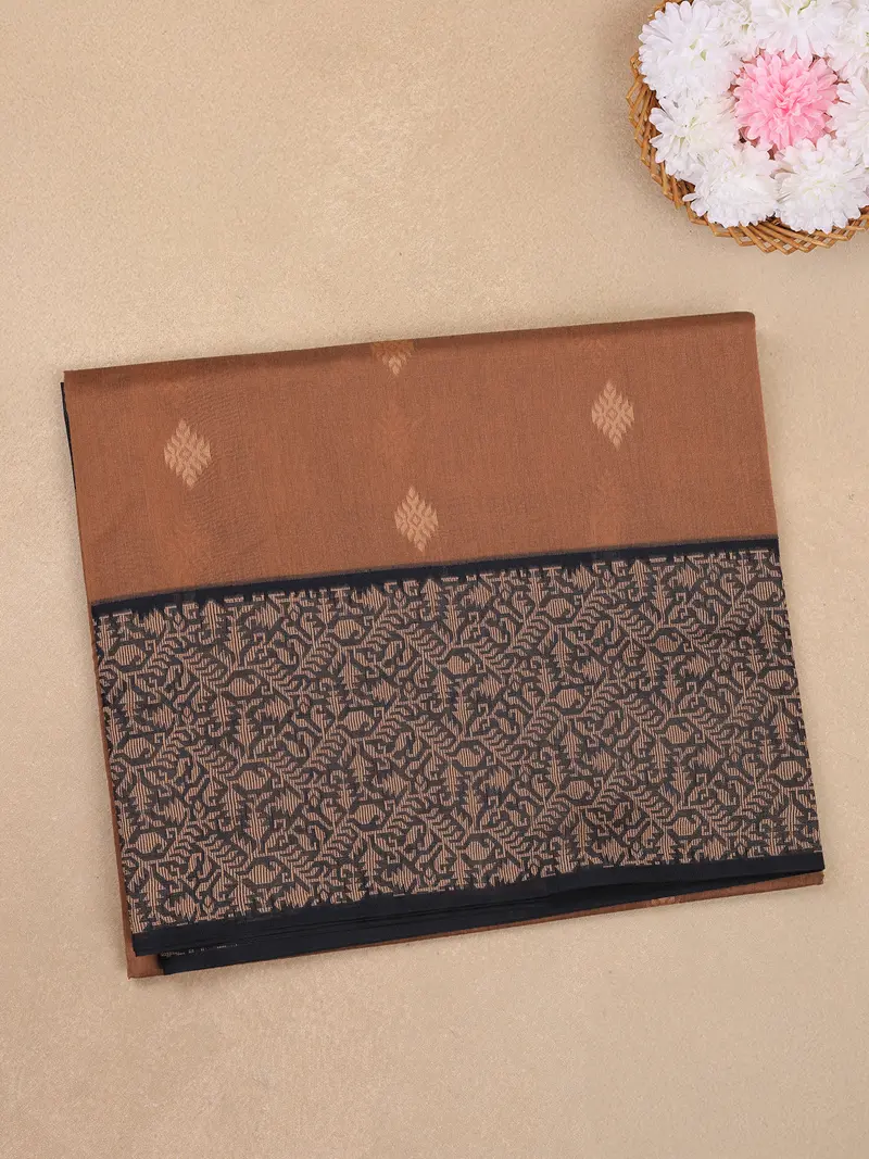 Brown Butta Woven Design Cotton Saree With Contrast Border 1