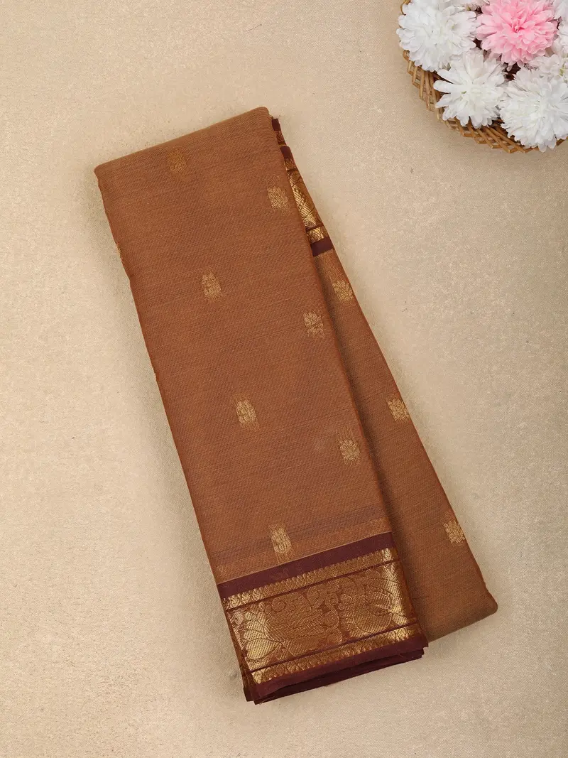 Brown Butta Woven Design Cotton Saree With Contrast Border 1
