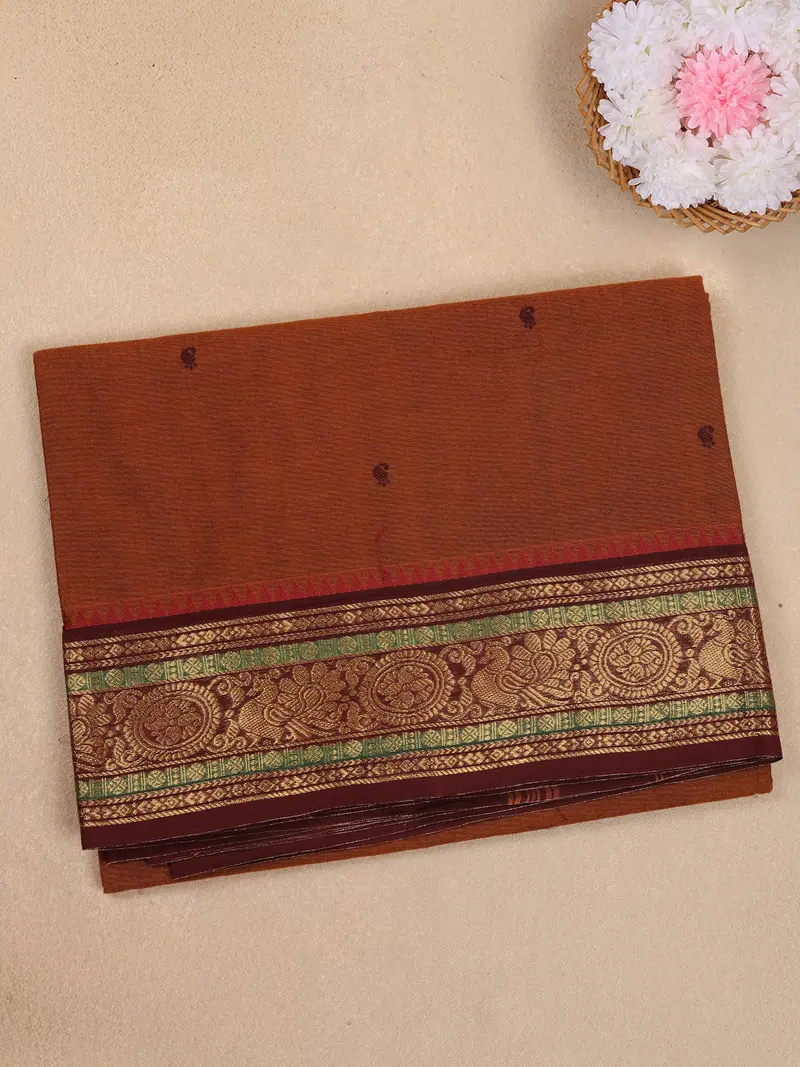 Brown Butta Woven Design Cotton Saree With Contrast Zari Border 1