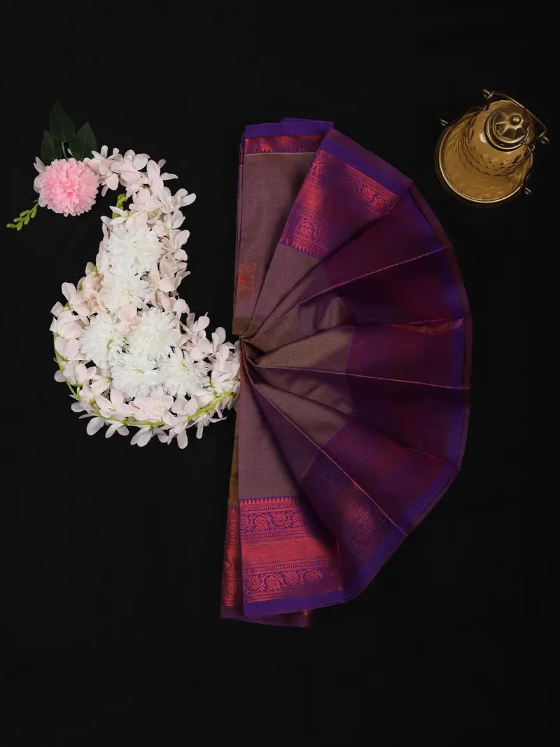 Brown Butta Woven Soft Silk Saree With Purple Contrast Border 1