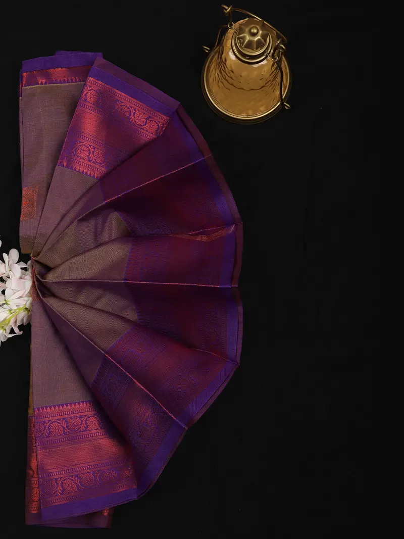 Brown Butta Woven Soft Silk Saree With Purple Contrast Border 2