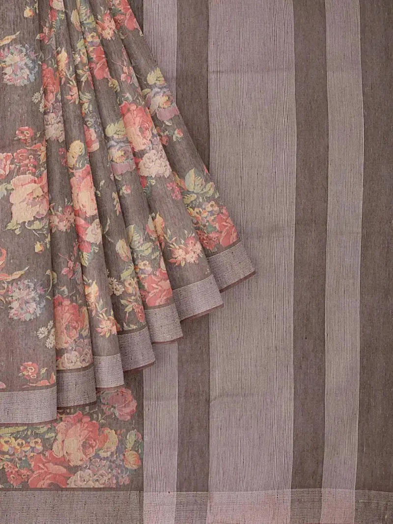Brown Chanderi Cotton Saree With Floral Prints & Zari Border 1