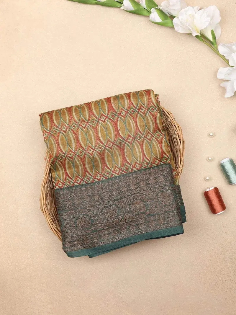 Brown Chanderi Silk Saree With Oval Geometric Design On The Body With Contrast Border 1