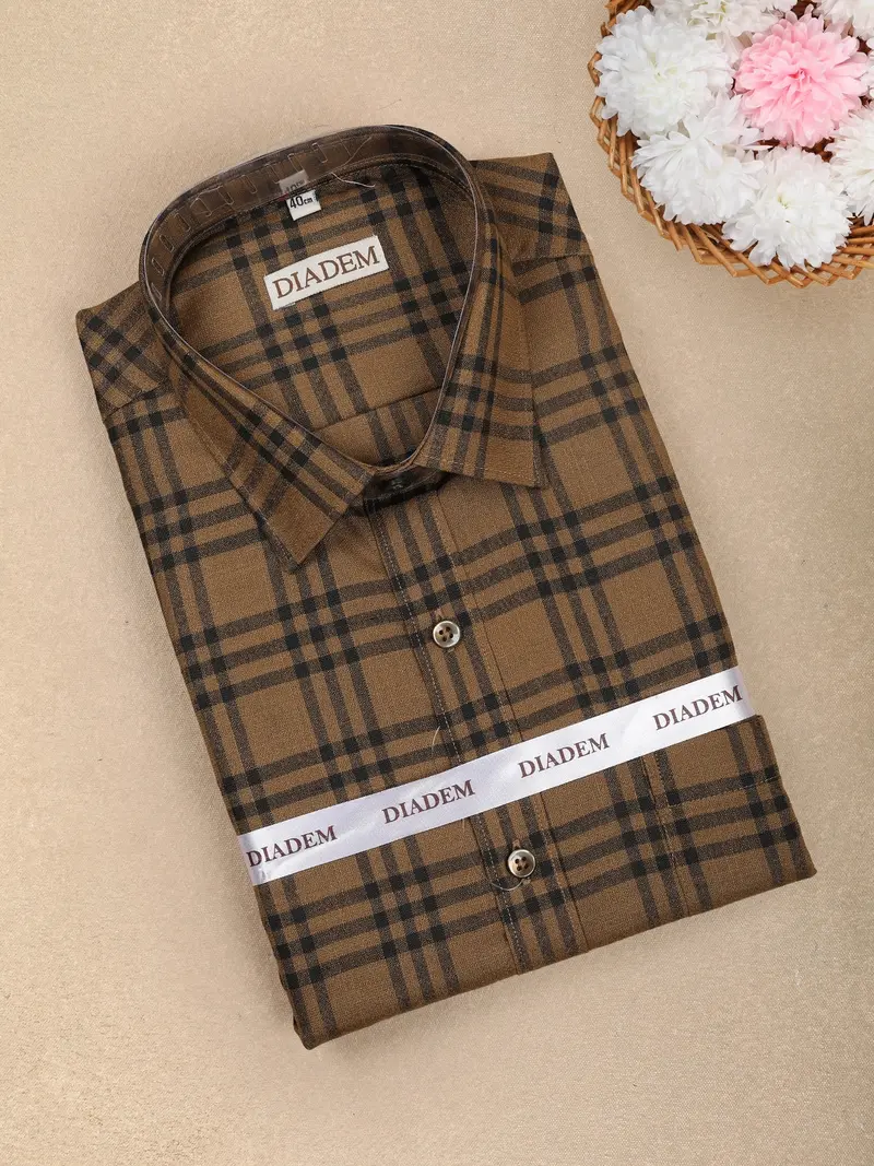 Brown Checked Design Cotton Formal Full Sleeve Men Shirt 1