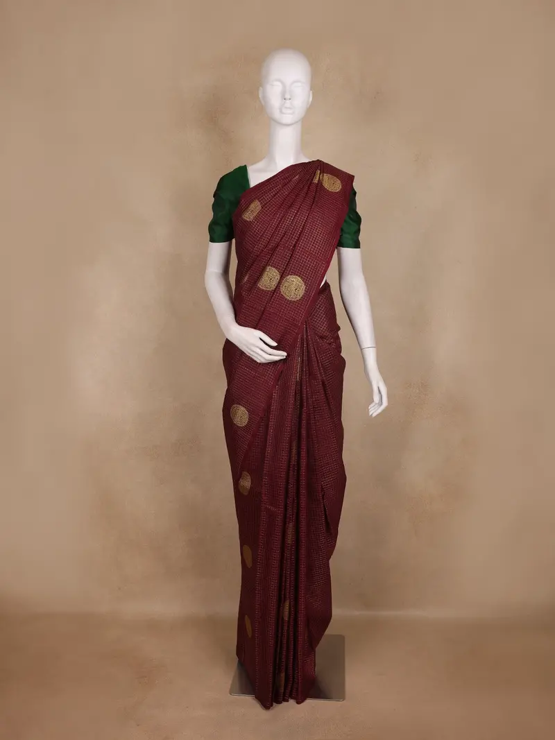 Brown Checked Woven Kanchipuram Silk Saree 1