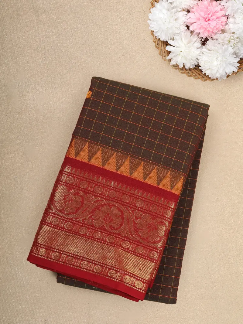 Brown Checks Design Cotton Saree With Red Zari Woven Border 1
