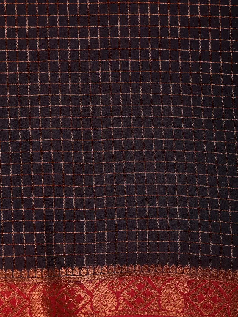 Brown Checks Woven Mysore Silk Saree With Contrast Red Zari Border 2