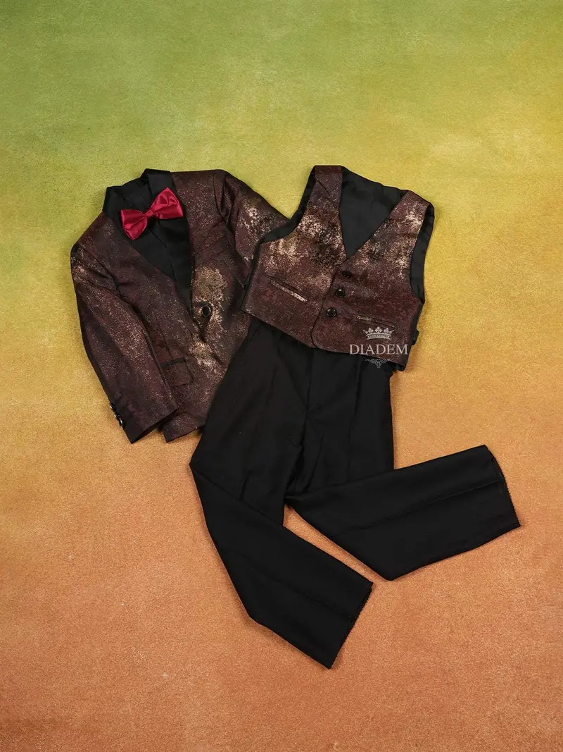 Brown Coat Suit With Glitter Designs And Attached With Bow 1