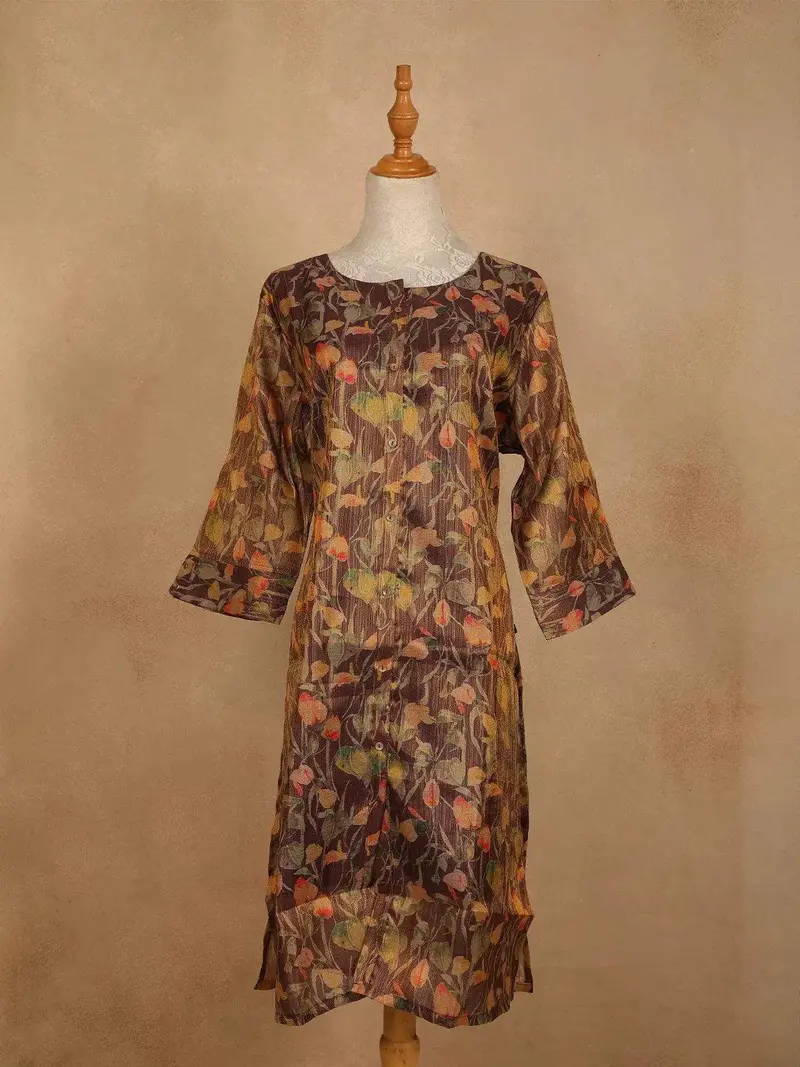 Brown Cotton Kurti Top Adorned With Floral Designs 1