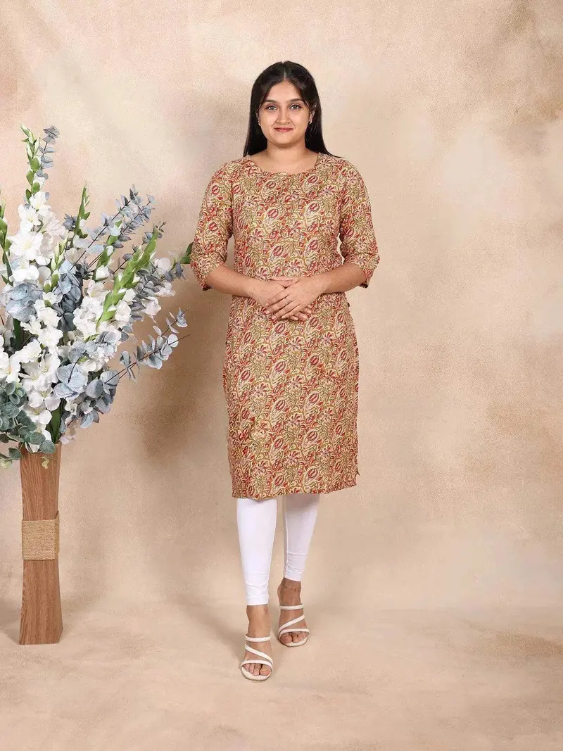 Brown Cotton Kurti Top Adorned With Floral Prints 1