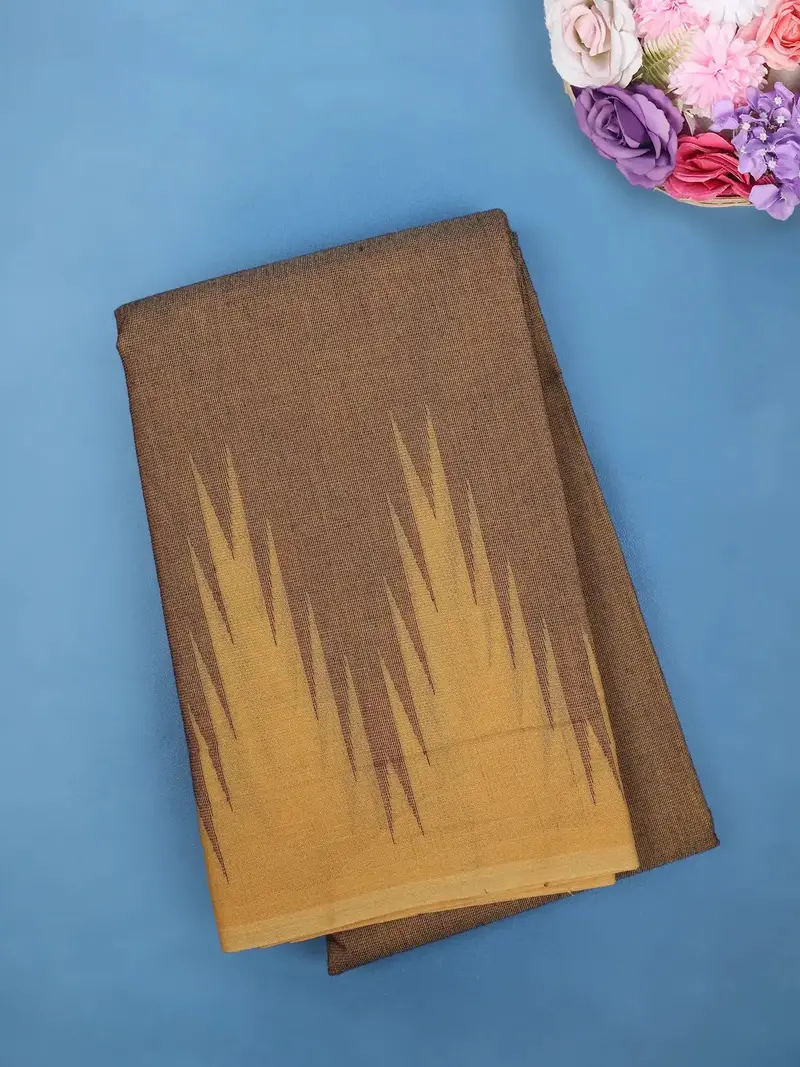 Brown Cotton Saree With Beige Dual-Tone Ikat Design Border 1