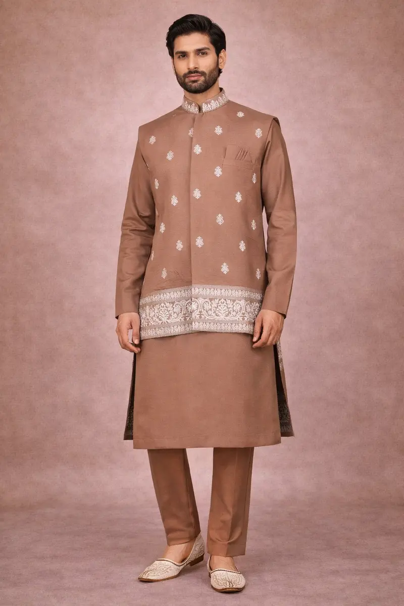 Brown Embroidery Indo-Western Sherwani Suit With Floral Designs With Pant And Pocket Square 1