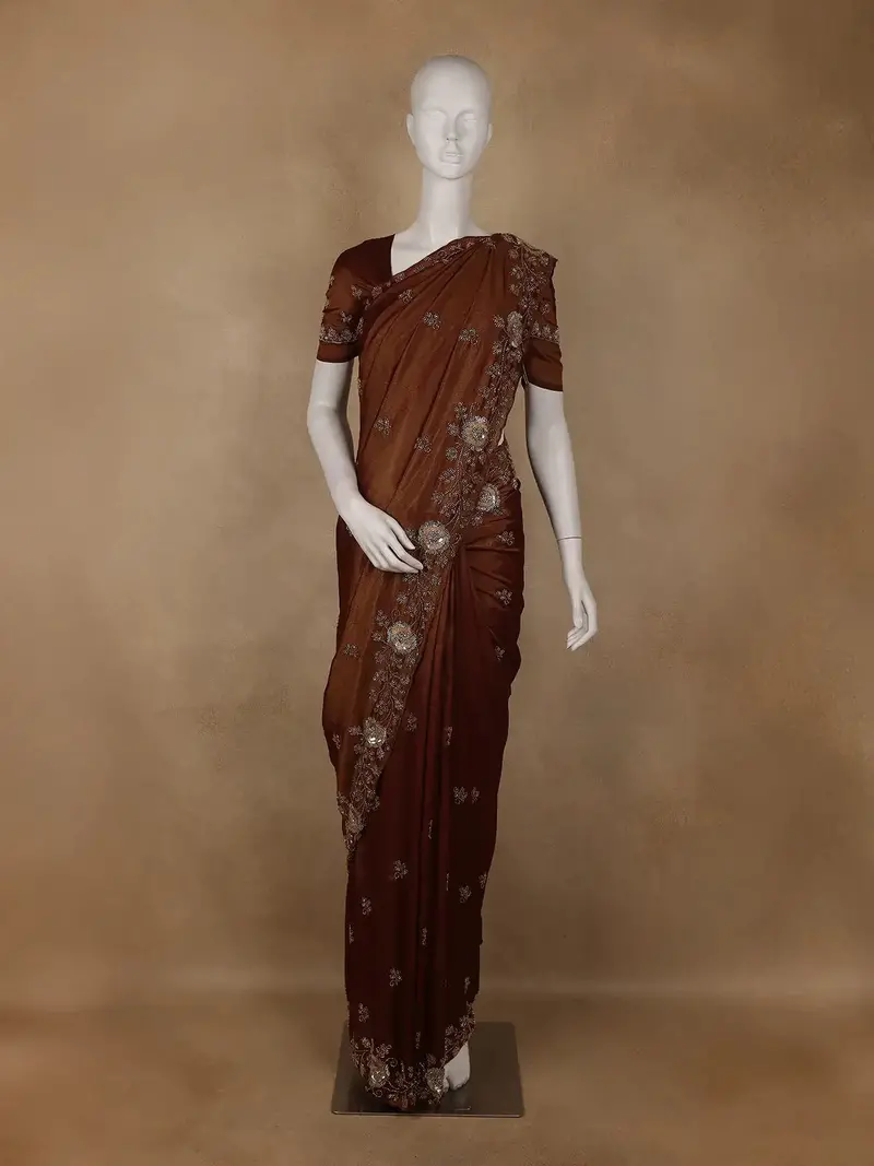 Brown Floral Bead And Sequin Embroidered Crepe Silk Saree 1