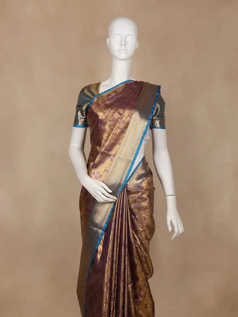 Brown Floral Butta Design Semi Tissue Silk Saree 2